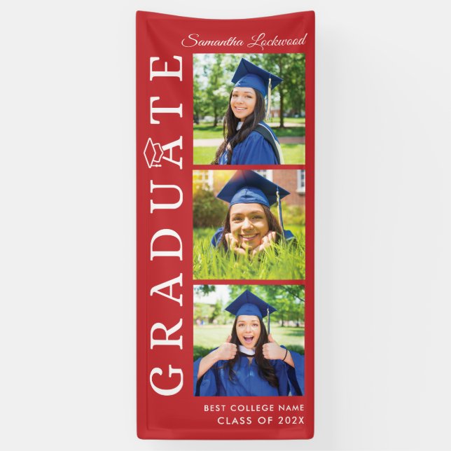 Graduation Photo Collage Red and White Grad 2025 Banner (Vertical)