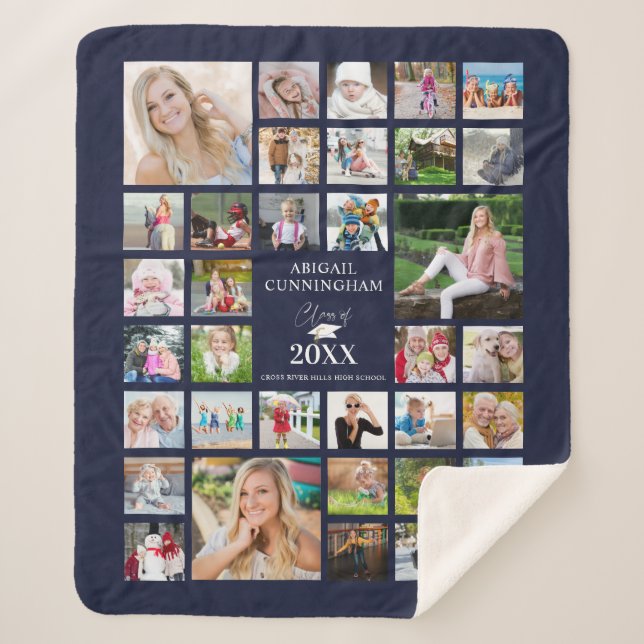 Graduation Photo Collage Script CLASS OF Navy Blue Sherpa Blanket (Front)