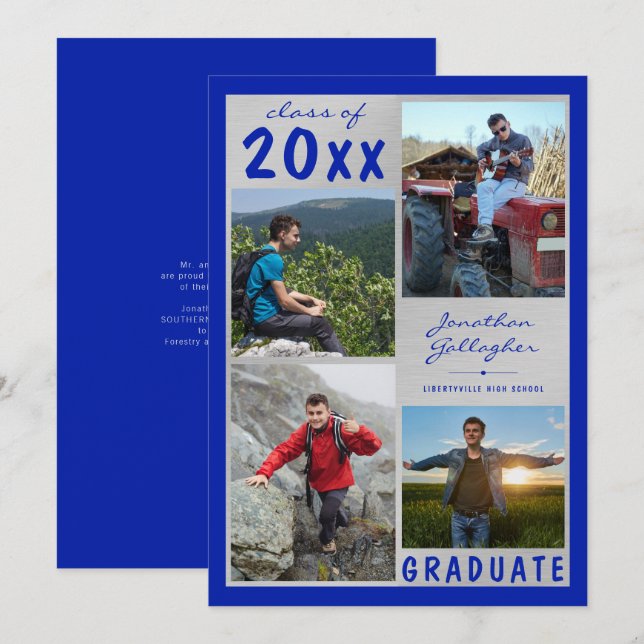 Graduation Photo Collage Script Name Blue Silver Announcement (Front/Back)