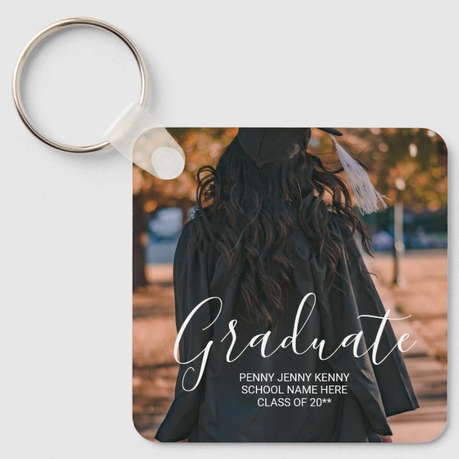 Graduation photo custom modern stylish script  key ring (Front)