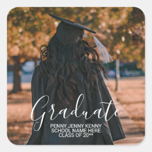Graduation photo custom modern stylish script square sticker
