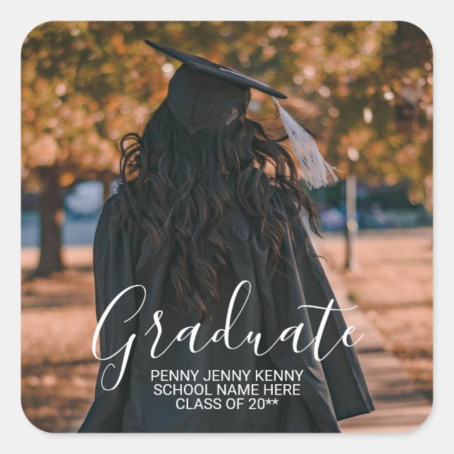 Graduation photo custom modern stylish script  square sticker (Front)