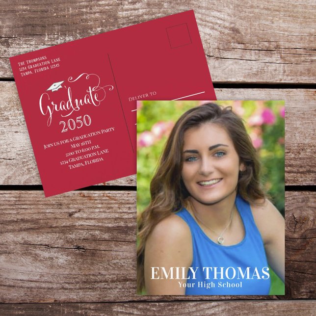Graduation Photo Elegant Minimalist Cardinal Red Postcard (Creator Uploaded)