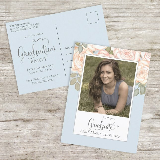 Graduation Photo Elegant Minimalist Floral Blue  Postcard (Creator Uploaded)