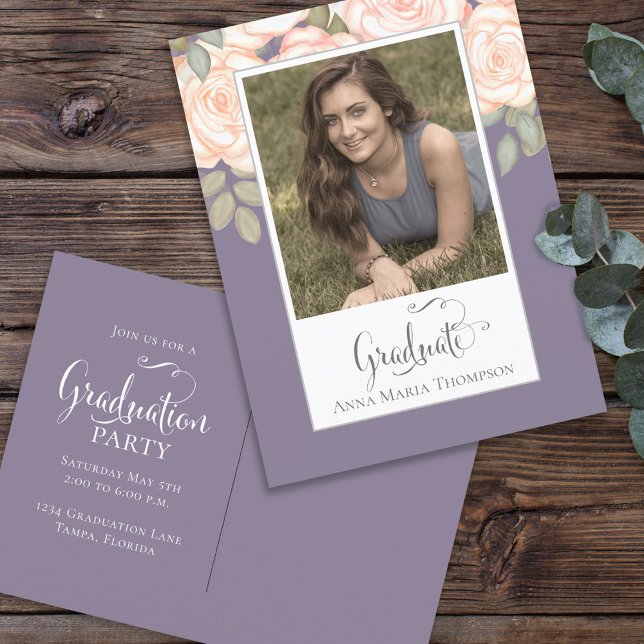 Graduation Photo Elegant Minimalist Floral Purple Postcard (Creator Uploaded)