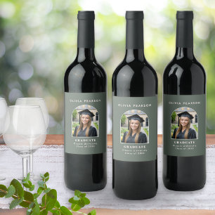 Graduation Photo Elegant Minimalist Sage Green Wine Label