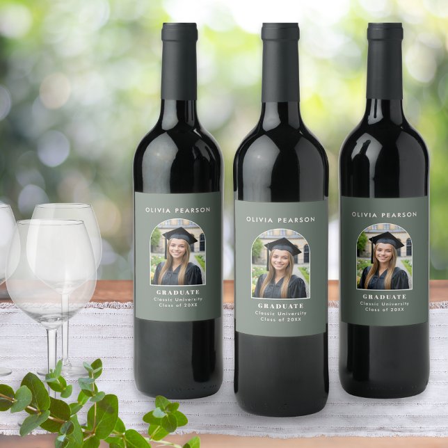Graduation Photo Elegant Minimalist Sage Green  Wine Label (Stylish wine labels for graduation day, with the graduate's photo, name, university and degree)