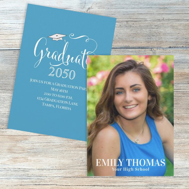 Graduation Photo Elegant Minimalist Script Blue Invitation (Creator Uploaded)