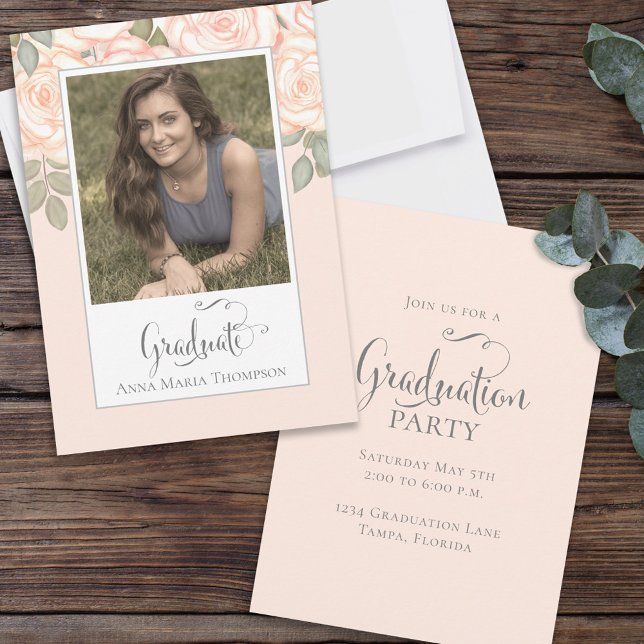 Graduation Photo Elegant Minimalist Script Peach Invitation (Creator Uploaded)