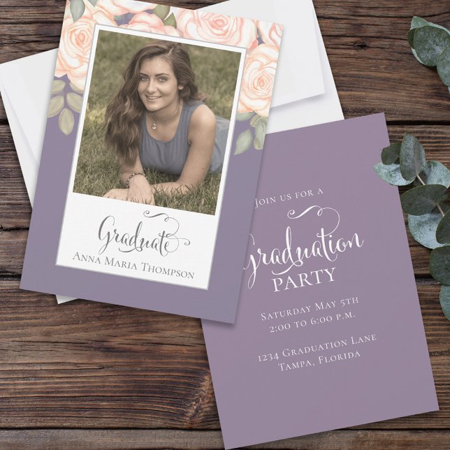 Graduation Photo Elegant Minimalist Script Purple Invitation (Creator Uploaded)