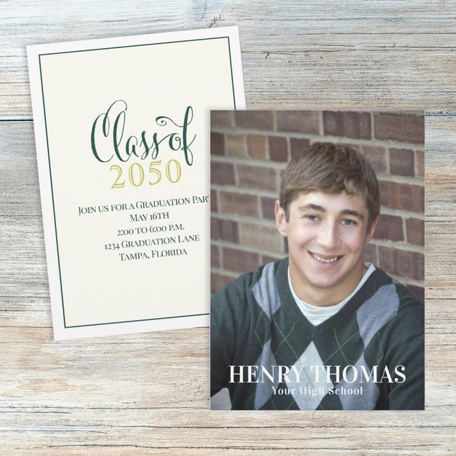Graduation Photo Elegant Modern Class of Green Invitation (Creator Uploaded)