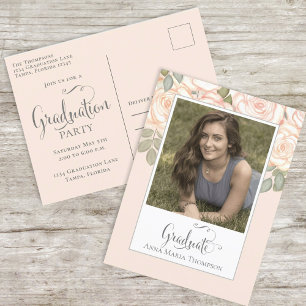 Graduation Photo Elegant Modern Floral Peach Postcard