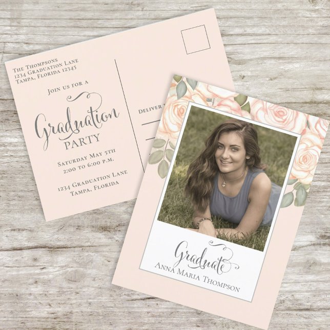 Graduation Photo Elegant Modern Floral Peach Postcard (Creator Uploaded)