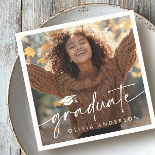 Graduation photo elegant script graduate cap napkin
