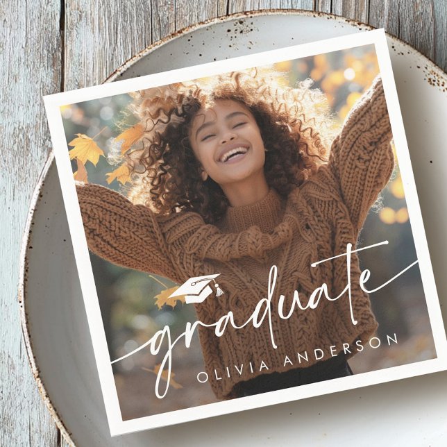 Graduation photo elegant script graduate cap napkin (Graduation photo elegant script graduate cap napkins)