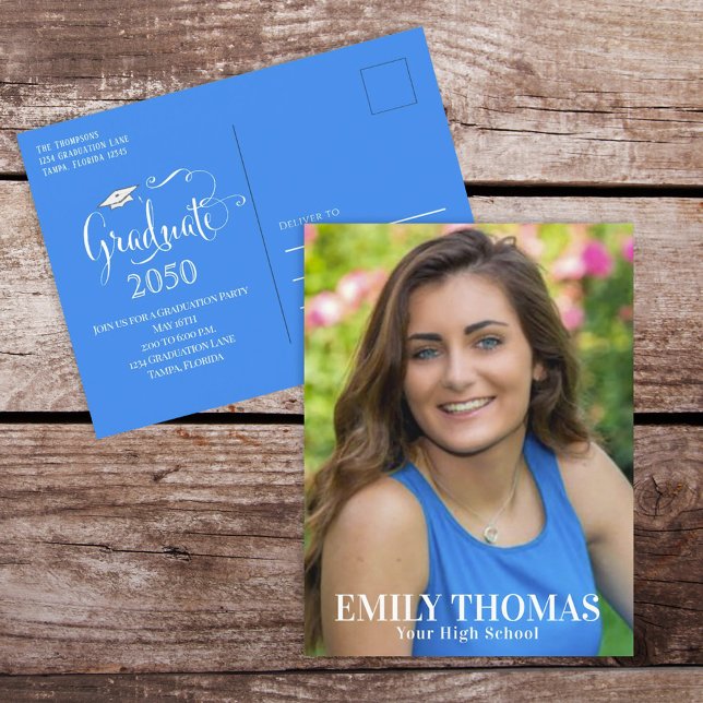 Graduation Photo Elegant Script Minimalist Blue Postcard (Creator Uploaded)