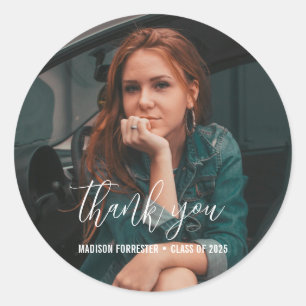 Graduation Photo   Elegant Thank You Script  Classic Round Sticker
