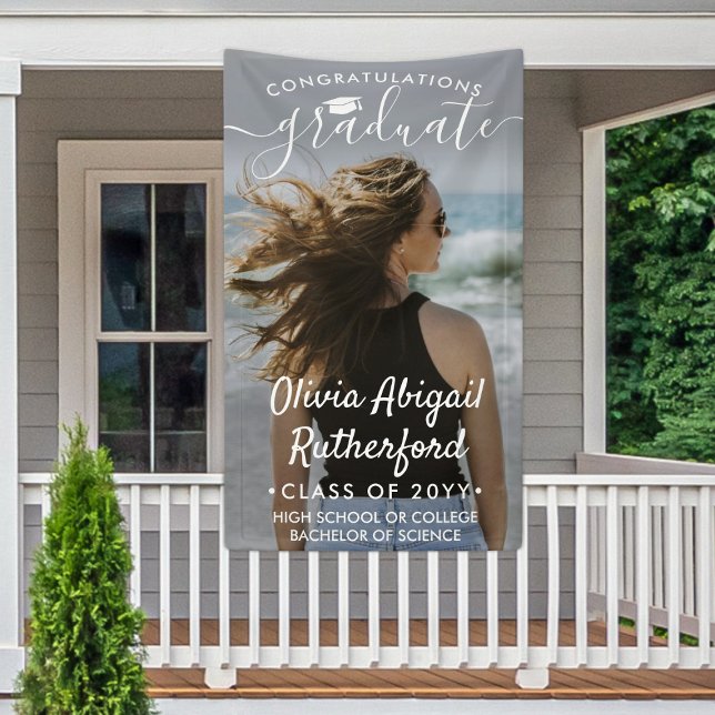 Graduation Photo & Elegant White Script Class Year Banner (Creator Uploaded)