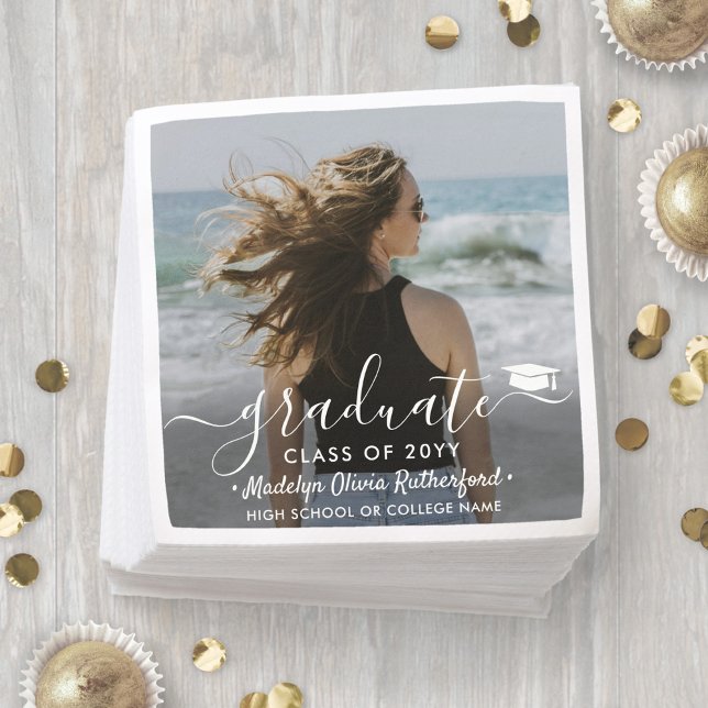 Graduation Photo & Elegant White Script Class Year Napkin (Creator Uploaded)