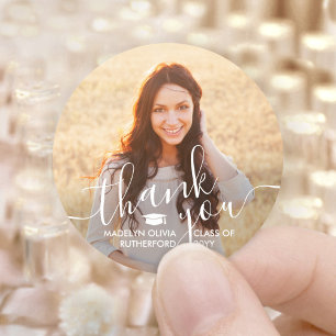 Graduation Photo & Elegant White Script Thank You Classic Round Sticker