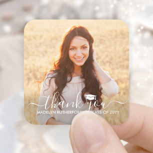 Graduation Photo & Elegant White Script Thank You Square Sticker