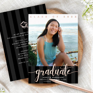Graduation photo girly script black real rose gold