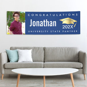 Graduation photo gold cap modern bold simple blue  banner