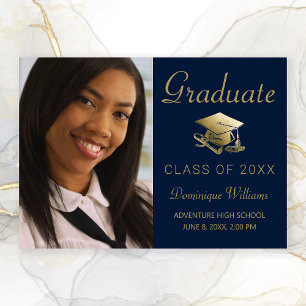Graduation Photo Gold Grad Cap Diploma Blue Announcement