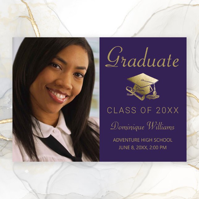 Graduation Photo Gold Grad Cap Diploma Purple Announcement (Purple with Gold Script Cap Photo Graduation Announcedment)