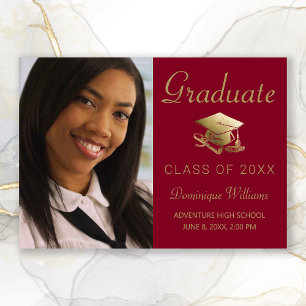 Graduation Photo Gold Grad Cap Diploma Red Announcement