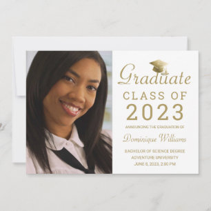 Graduation Photo Gold Grad Cap Script 2023 White Announcement