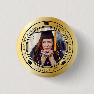 Graduation Photo Gold Tone Grad Cap Class Year  3 Cm Round Badge