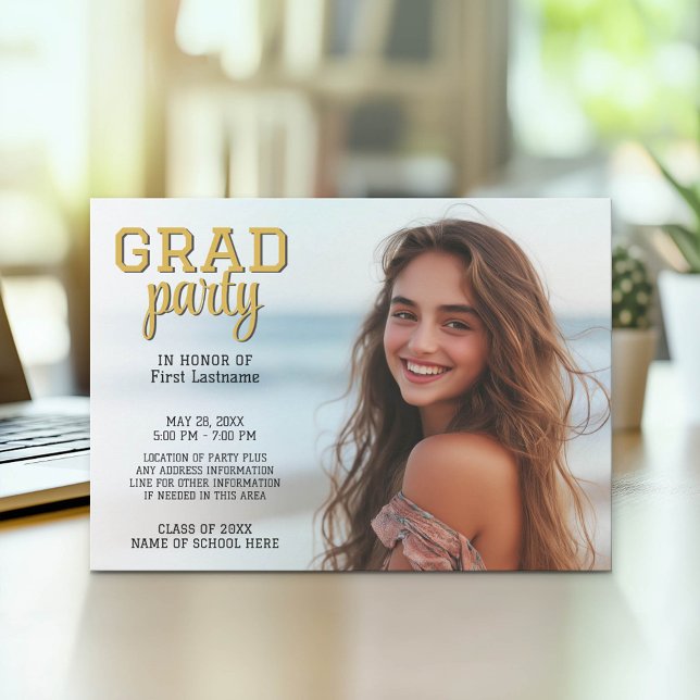 Graduation Photo - Grad Party Script Gold Invitation (Graduation Party Invitation with Photo)