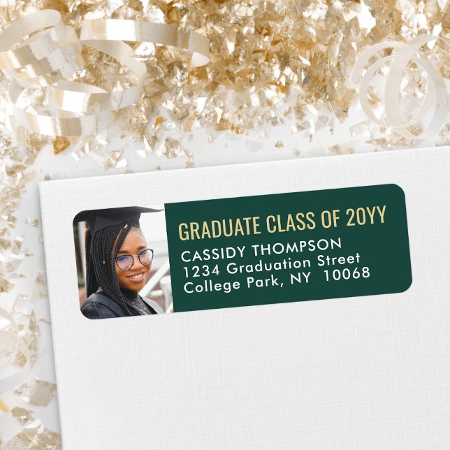 Graduation Photo Green Gold White Return Address Label (Creator Uploaded)