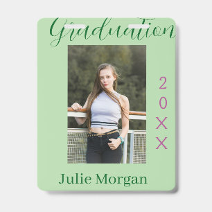 Graduation photo green pink year 20XX name simple ID Badge