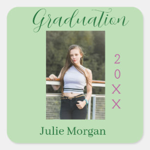 Graduation photo green pink year 20XX name simple Square Sticker