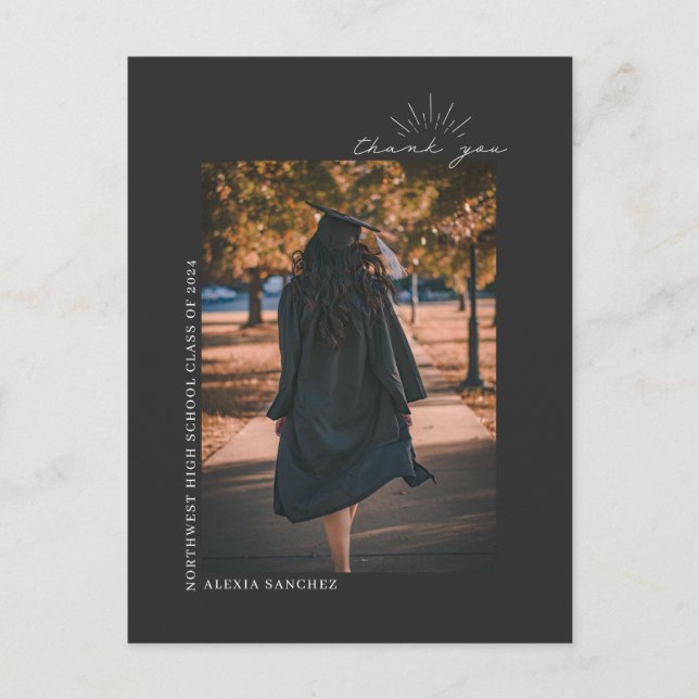Graduation Photo Grey Line Art Thank You Postcard (Front)