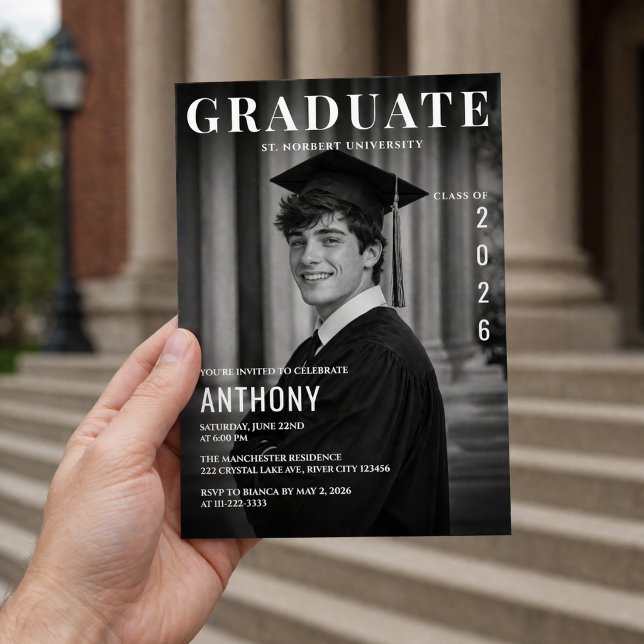 Graduation Photo Invite for Him (Elegant black and white graduation invite with a clean modern layout and photo design for him.)