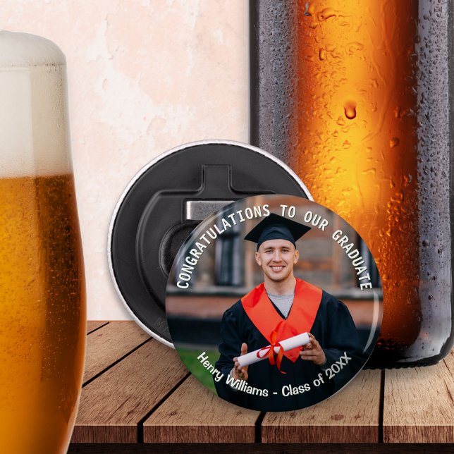 Graduation Photo Keepsake Personalised Bottle Opener (A bottle opener for a new graduate, with custom photo, name and graduation year)