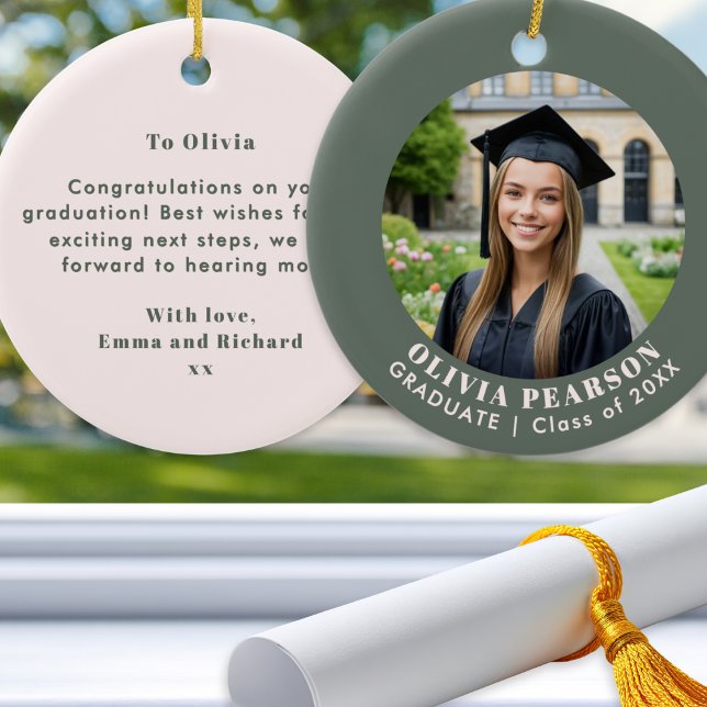 Graduation Photo Keepsake Personalised Green Pink Ceramic Ornament (A graduation ornament in sage green and blush pink, with photo, name, year and custom message)