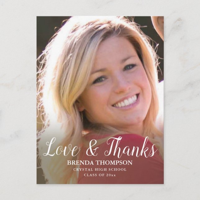 Graduation Photo Love & Thanks Black Script Postcard (Front)