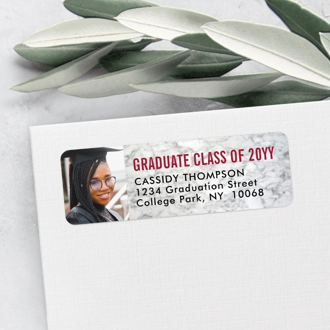 Graduation Photo Marble Red Black Return Address Label (Creator Uploaded)