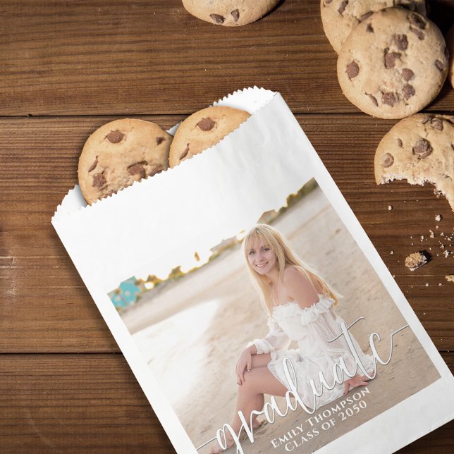 Graduation Photo Minimalist Modern Elegant Script  Favour Bag (Graduation photo favor bag with elegant calligraphy script for modern grad party favors.)