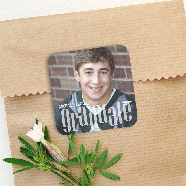 Graduation Photo Minimalist Modern Typography Square Paper Coaster (Creator Uploaded)