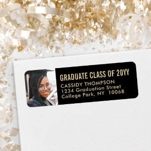 Graduation Photo Modern Black Gold Return Address Label