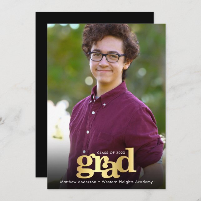 Graduation photo modern black gold typography announcement (Front/Back)