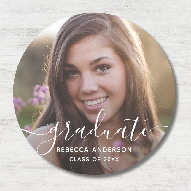 Graduation Photo Modern Classic Round Sticker (Graduate Photo Sticker Label)