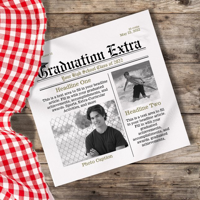 Graduation Photo Modern Cool Fun Facts Newspaper Napkin (Graduation newspaper custom napkin)