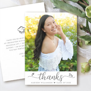 Graduation Photo Modern Elegant Script Heart White Thank You Card