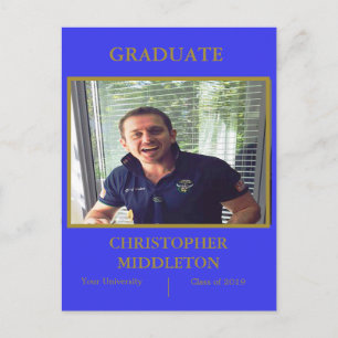 Graduation Photo Modern Gold Blue Party Postcard